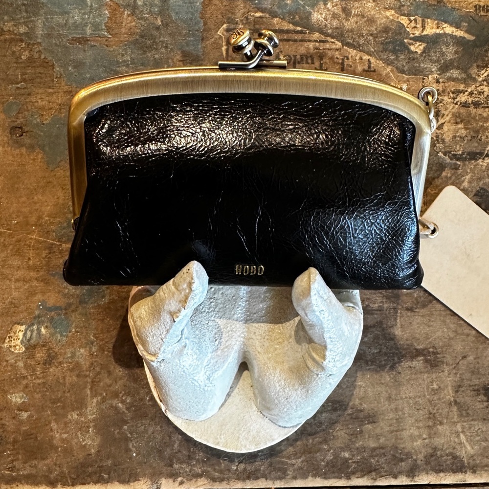 HOBO NWT Cheer Frame Black Italian Glazed Leather clip-on Pouch / Coin Purse